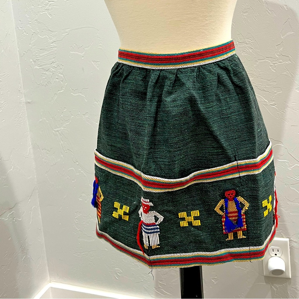 Vintage Guatemalan Handmade Multi Pocket Cross Stitch Dark Green Apron